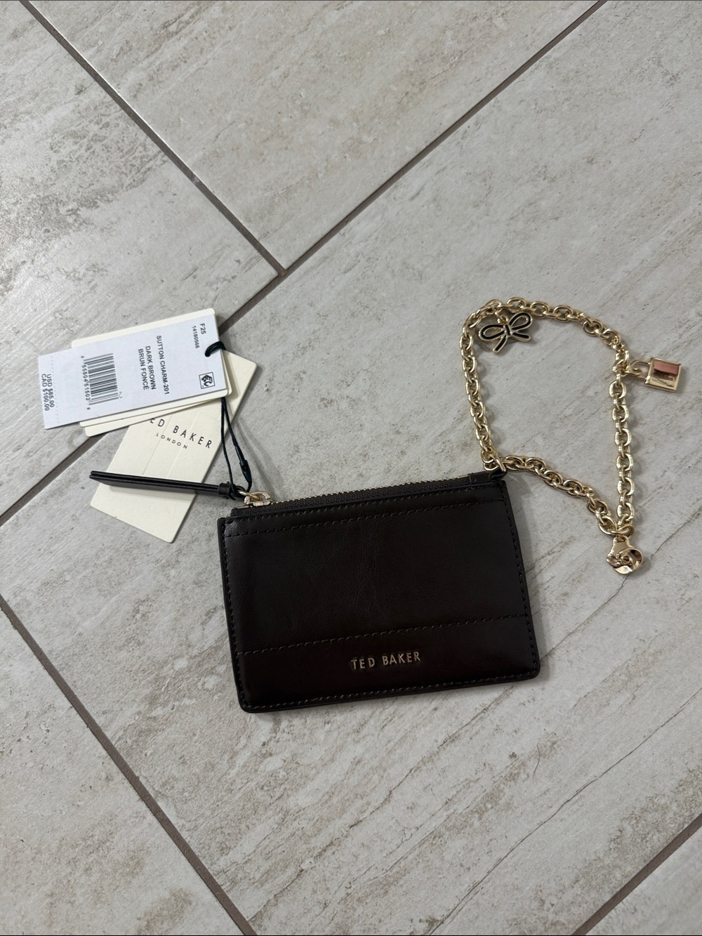 Ted Baker Dark Brown Leather Card & Key Holder with Gold Chain ..nwt ..authentic